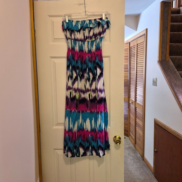 Strapless Maxi Dress Tie Dye Smocked Bodice Turquoise Pink Purple Women's L - Picture 3 of 5